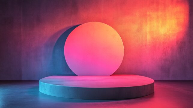 Create a captivating neon-lit futuristic concrete backdrop with backlit spotlights, ideal for product presentations.