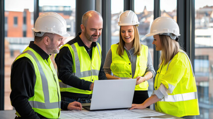 Poster - Group of Construction Professionals Collaborating on Project Plans in Modern Office Space with Safety Gear and Equipment