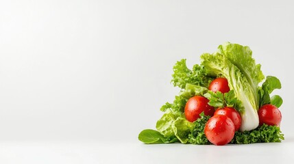 Fresh salad ingredients arranged on a white background.  Possible use Food photography, healthy recipes, grocery store displays