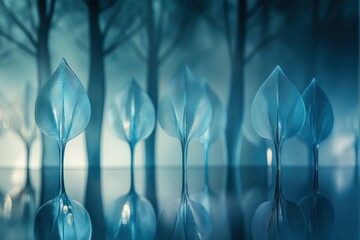 Aufkleber - Glowing reflections in a glass forest with abstract tree shapes revealing ethereal beauty and tranquility at dusk. Generative AI