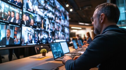 Fototapete - Professional Male Analyst Observing Multiple Video Streams on High-Tech Displays in Modern Office Environment with Colleagues Engaged in Communication