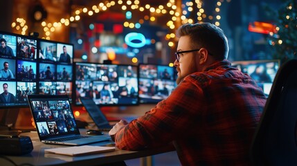 Poster - Young adult male working late at night on multiple computer screens in modern office environment with festive lighting and video conference displays