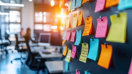 Poster - Colorful Sticky Notes on Wall in Modern Office Workspace with Daylight Streaming Through Windows