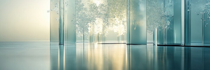 Fototapete - Glowing reflections of an abstract glass forest with intricate tree shapes at twilight. Generative AI