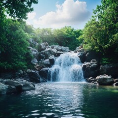 Poster - Beautiful waterfall cascading into a serene pool surrounded by lush greenery on a sunny day. Generative AI