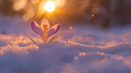 Poster - A delicate crocus flower emerges from a blanket of snow, beautifully illuminated by the fading sunlight. Its petals capture the essence of spring amidst winter's chill