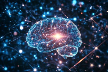 Poster - Glowing human brain in a network of lines with bright lights.