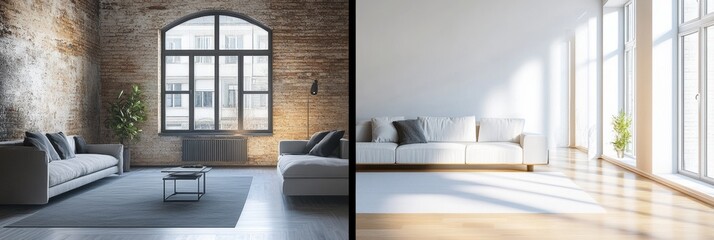 Poster - Contrast of old dark interiors and bright modern renovated design in a room showcasing transformation. Generative AI