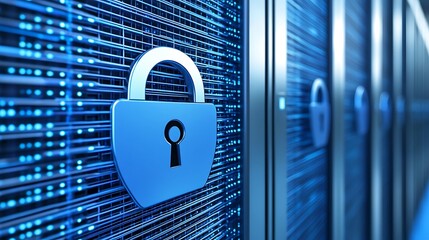 Poster - Blue Digital Lock Icon on Server Background Representing Data Security and Cyber Protection Concepts