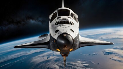 A next-generation space shuttle using AI for precise orbital navigation, surrounded by a digital holographic interface displaying real-time space telemetry

