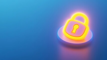 Poster - bright neon lock icon on a minimalist blue background representing security and privacy concepts