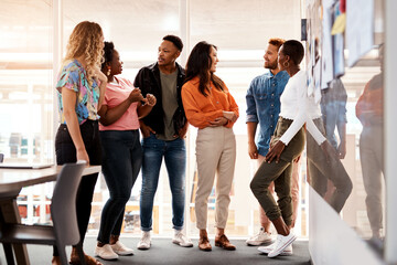 Aufkleber - Business people, creative discussion and meeting in office, brainstorming together and support idea. Employees, teamwork and communication for proposal plan in workplace, staff and graphic designers