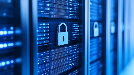 Poster - data center with security lock symbolizing data protection and cybersecurity in modern technology en