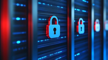 Poster - Digital Concept of Cybersecurity with Lock Symbols on Server Racks Highlighting Data Protection and Privacy
