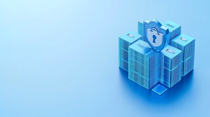 Wall Mural - Digital Data Security Concept with Server Stacks and Lock Icon on a Blue Background for Cyber Protection Themes