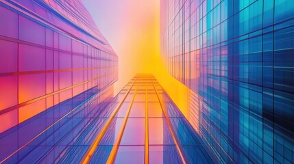 Leinwandbilder - Futuristic cityscape with colorful skyscrapers reaching to the vibrant sky at sunset. Generative AI
