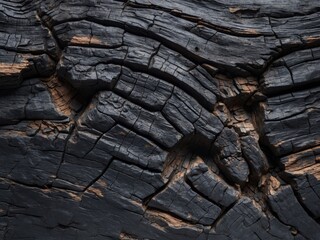 Poster - Black charred wood texture with deep cracks and crevices Copy Space