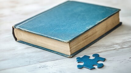 Poster - A blue book and a puzzle piece on a light background, symbolizing the journey of education and intellectual discovery