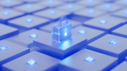 Poster - digital security concept with blue keyboard keys and transparent lock symbolizing data protection an