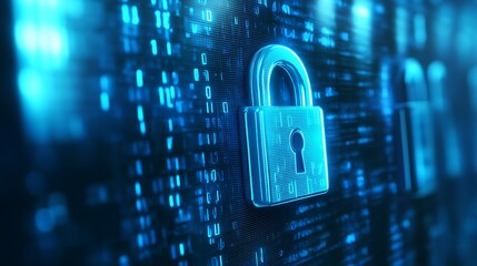 Poster - Digital Security Concept with Blue Padlock and Binary Code on a Futuristic Background