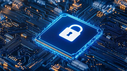 Poster - digital security concept with lock icon on circuit board background in blue and gold tones