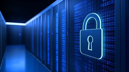 Poster - digital security concept with lock symbol in server room featuring high-tech data storage environmen