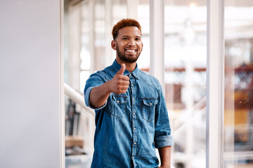 Poster - Creative, office and portrait of man with thumbs up, confidence and motivation in startup development. Relax, architect and happy designer with business plan success, like hand gesture and agreement