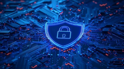Poster - digital security concept with shield and lock on circuit board background in blue and orange glow
