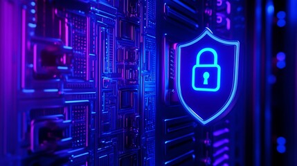 Poster - digital security shield neon icon glowing on futuristic technology background for cybersecurity them