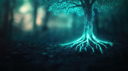 Wall Mural - Glow forest idea. A mystical tree with glowing roots in a serene, enchanted forest setting.