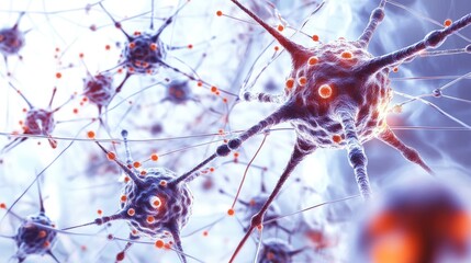 Poster - Modern abstract molecular structure with DNA, atoms, and neurons, interconnected by lines and dots, showcasing advanced medical and scientific networks