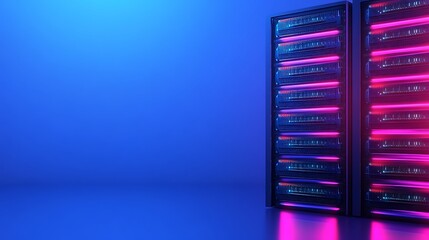 Poster - futuristic data center with neon lights and server rack in blue and pink color palette for technolog
