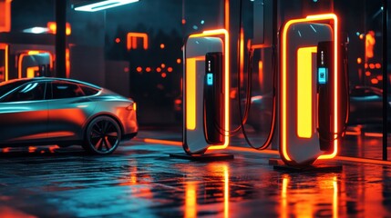 Leinwandbilder - Futuristic EV charging station illuminated at night in a modern urban landscape. Generative AI
