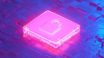 Poster - futuristic digital lock symbolizing security protection in neon colors on a circuit board background