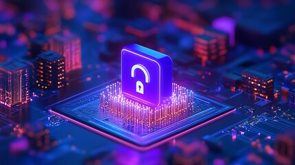 Poster - futuristic digital security concept with open padlock over glowing microchip and vibrant neon circui