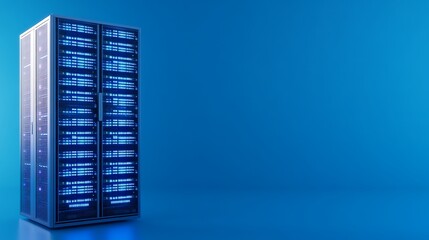 Poster - high-tech server rack in a modern data center with glowing blue lights against a clean background