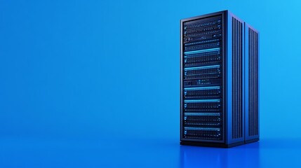 Poster - high-tech server rack on a vibrant blue background showcasing modern data storage equipment and tech
