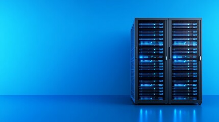 Poster - modern data center server rack system with blue background and illuminated panels for technology and