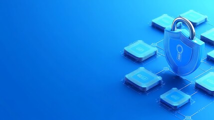 Poster - modern digital security concept with lock and circuit board elements on blue background for technolo