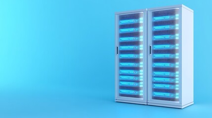 Poster - modern server rack with blue led lights against a vibrant blue background for technology and data st