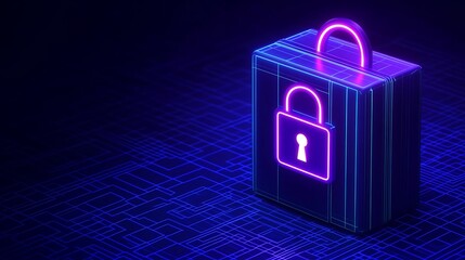 Poster - neon lockbox with glowing keyhole on abstract digital background for cybersecurity and technology th