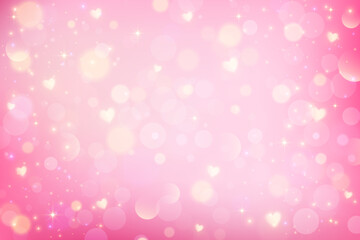 Poster - Pink background with bokeh and hearts. Cute pastel gradient girly blurred Valentine Day card design. Lovely dreamy vector wallpaper with soft fairy light. Lilac glittering backdrop
