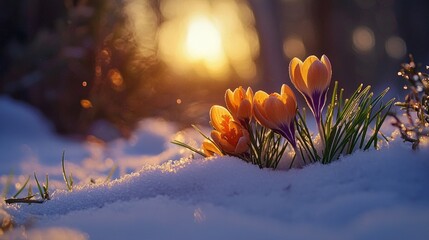 Aufkleber - Vibrant crocuses emerge through a blanket of snow as the golden sunlight gently fades in the evening. Nature awakens, showcasing resilience and beauty in the chilly air