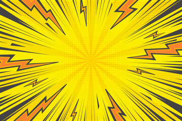Poster - comic cartoon background with lightning burst effect. vector manga graphic with thunder power and ab