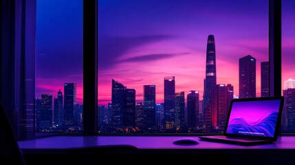 Poster - Modern workspace with a laptop overlooking a vibrant city skyline at sunset with colorful clouds