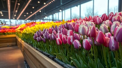 Aufkleber - A stunning arrangement of tulips showcases vibrant hues, filling the indoor garden with life. Experience the essence of spring in this cheerful setting, perfect for nature lovers