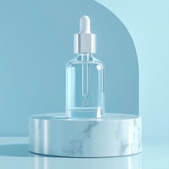 Canvas Print - Glass dropper bottle on marble, blue background. Product display