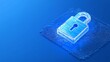 © Tackey - Transparent digital padlock on a blue circuit background symbolizing cybersecurity and data protection concepts
