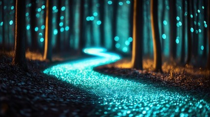 Wall Mural - Glow forest concept. A glowing path illuminated by ethereal lights in a serene forest environment.