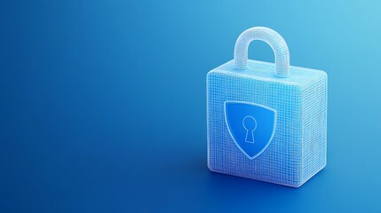 Poster - transparent padlock with shield icon on blue gradient background representing digital security and d